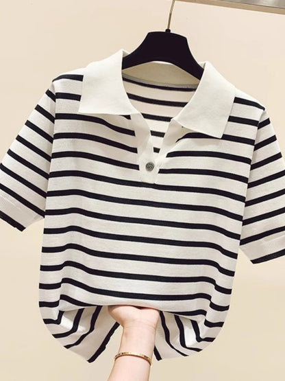 Loose Fit Ice Silk Knitted Short Sleeve T-Shirt Women's Summer Button up Top Slimming Striped  Neck Design plus Size