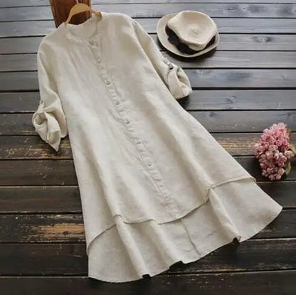 Women's Long Cotton Linen irt Blouse Top Pure Color Stand Collar Button Sve Polyester Fiber Mid-Length Gored Hem