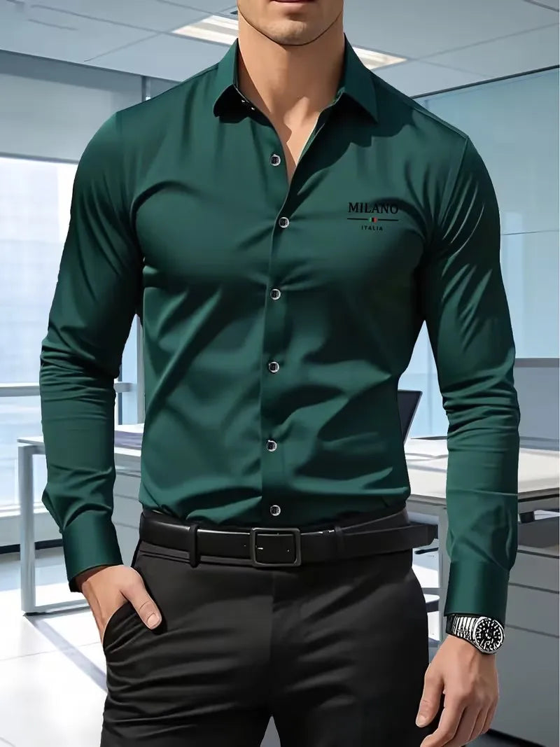 Men's Premium Business Casual Shirt MILANO Logo Print Slim Fit Long Sleeve Wrinkle Resistant Dress Shirt Multi Styles Available
