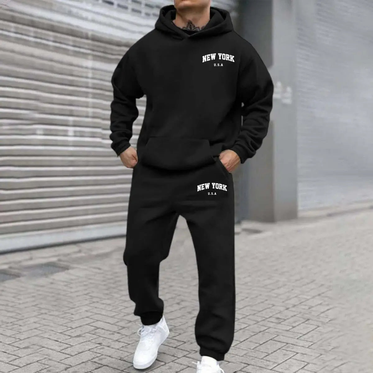 Amazon Cross-Border Hot Selling New Arrival Men's and Women's Streetwear Trendy Fleece Hooded Print Sweatshirt Set Bestseller