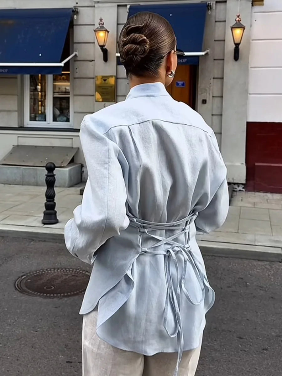 100% Cotton Shirts for Women New Spring Tie Belted Shirt Women's Floating Ribbon Tops  Shirts Commuting Slim Waist Blouse