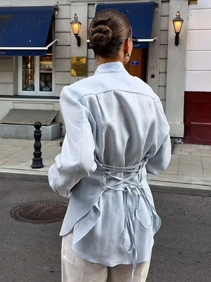 100% Cotton Shirts for Women New Spring Tie Belted Shirt Women's Floating Ribbon Tops  Shirts Commuting Slim Waist Blouse