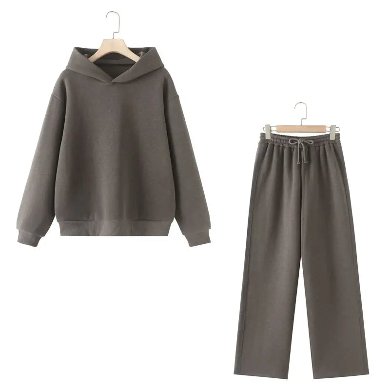 HH Women Solid Casual Sweatshirt Pant Suit Long Sleeve Hooded Fleece Pullover Coat Loose Straight Trousers Office Lady Sets