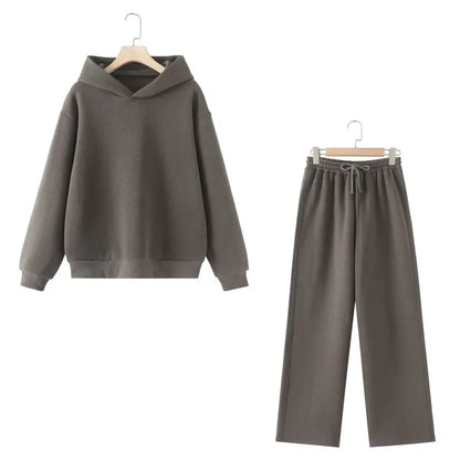 HH Women Solid Casual Sweatshirt Pant Suit Long Sleeve Hooded Fleece Pullover Coat Loose Straight Trousers Office Lady Sets