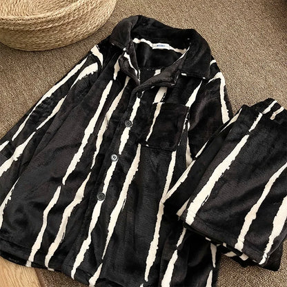 Men's Coral Fce Pajamas Set Thiened Warm Loose Striped Home Clothes Comfortable Breathable All Seasons Spwear