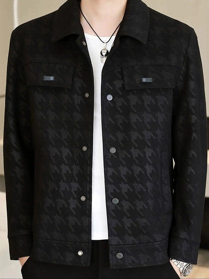 Houndstooth Business Men's Leather Jacket Pu Lapel Multi-Flap Pocket Pants