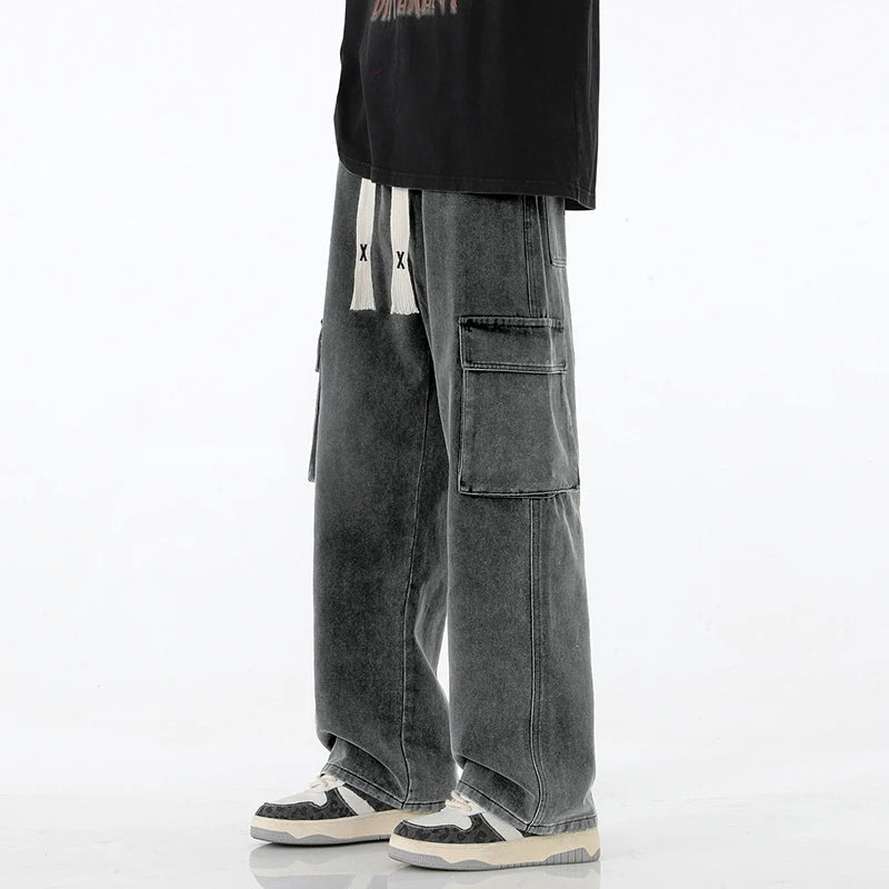 2024 New Men Baggy Cargo Jeans Fashion Streetwear Vintage Wide Leg Pants American Streetwear Y2K Big Pocket Youth Overalls