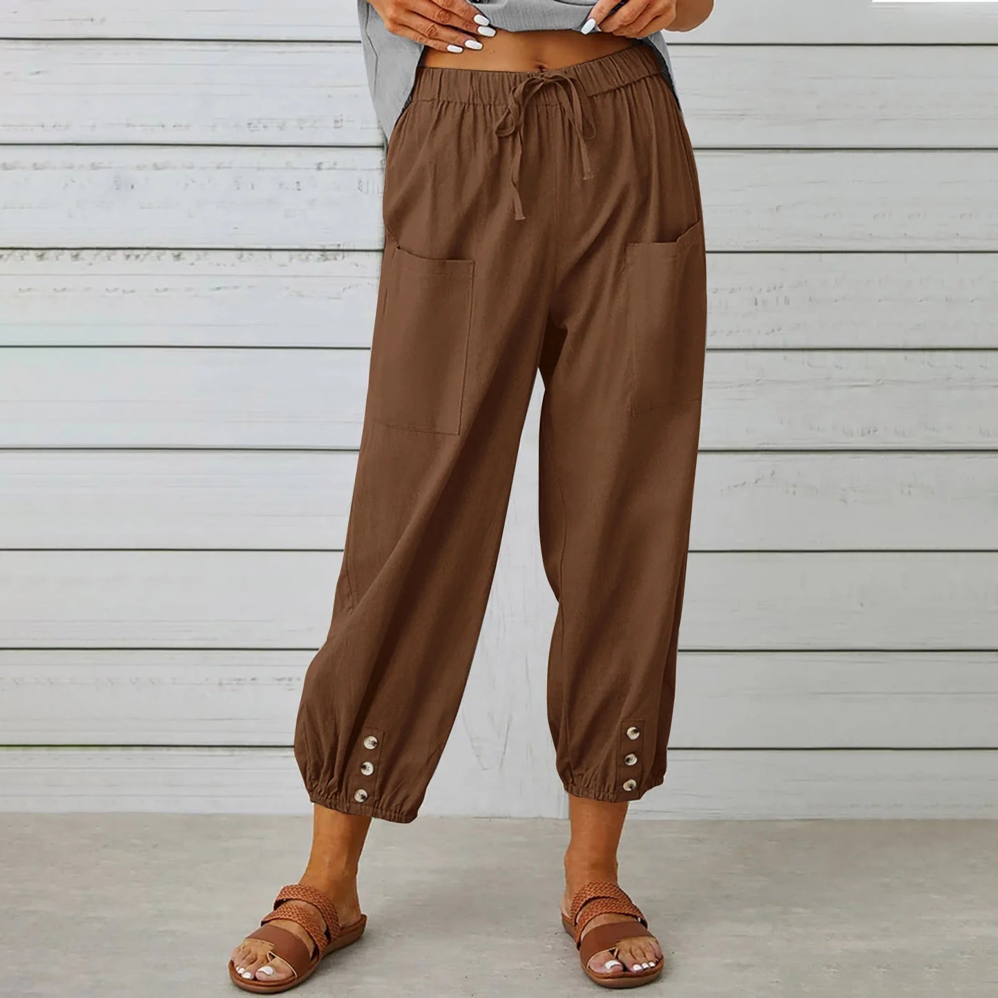 New loose fit high waisted buttoned cotton and linen pants, 9/10 Wide leg women's pants