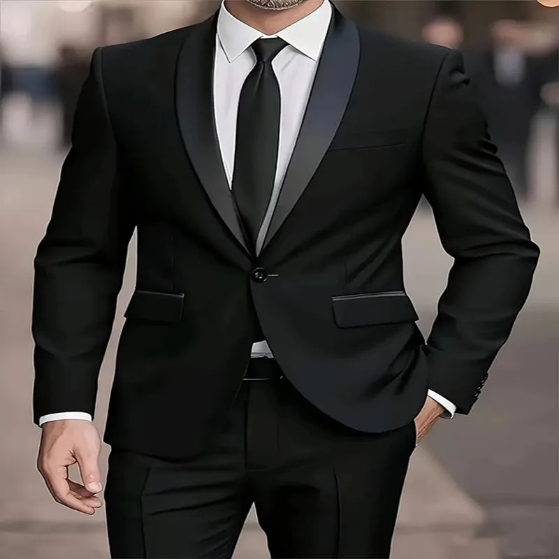 Men'S 2pcs Collar-And-Neckline, Single-Button, Slim-Fitting Solid-Color Jacket And Pants Set, Suitable for Men'S Dance Parties