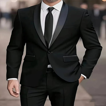 Men'S 2pcs Collar-And-Neckline, Single-Button, Slim-Fitting Solid-Color Jacket And Pants Set, Suitable for Men'S Dance Parties