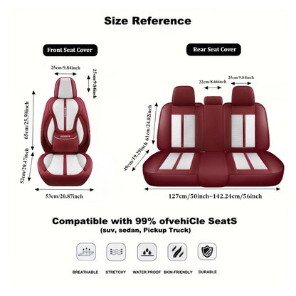 Premium PU Leather Auto Seat Covers Set with Built-in Lumbar Support +2 Headrest Covers +1 Steering Wheel Cover Comfortable