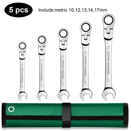 Ratchet Spanner Wrench Set Gear Ring Ratcheting Combination Wrench Kit Metric Flexible Head with Canvas Bag  Metric Flex Head