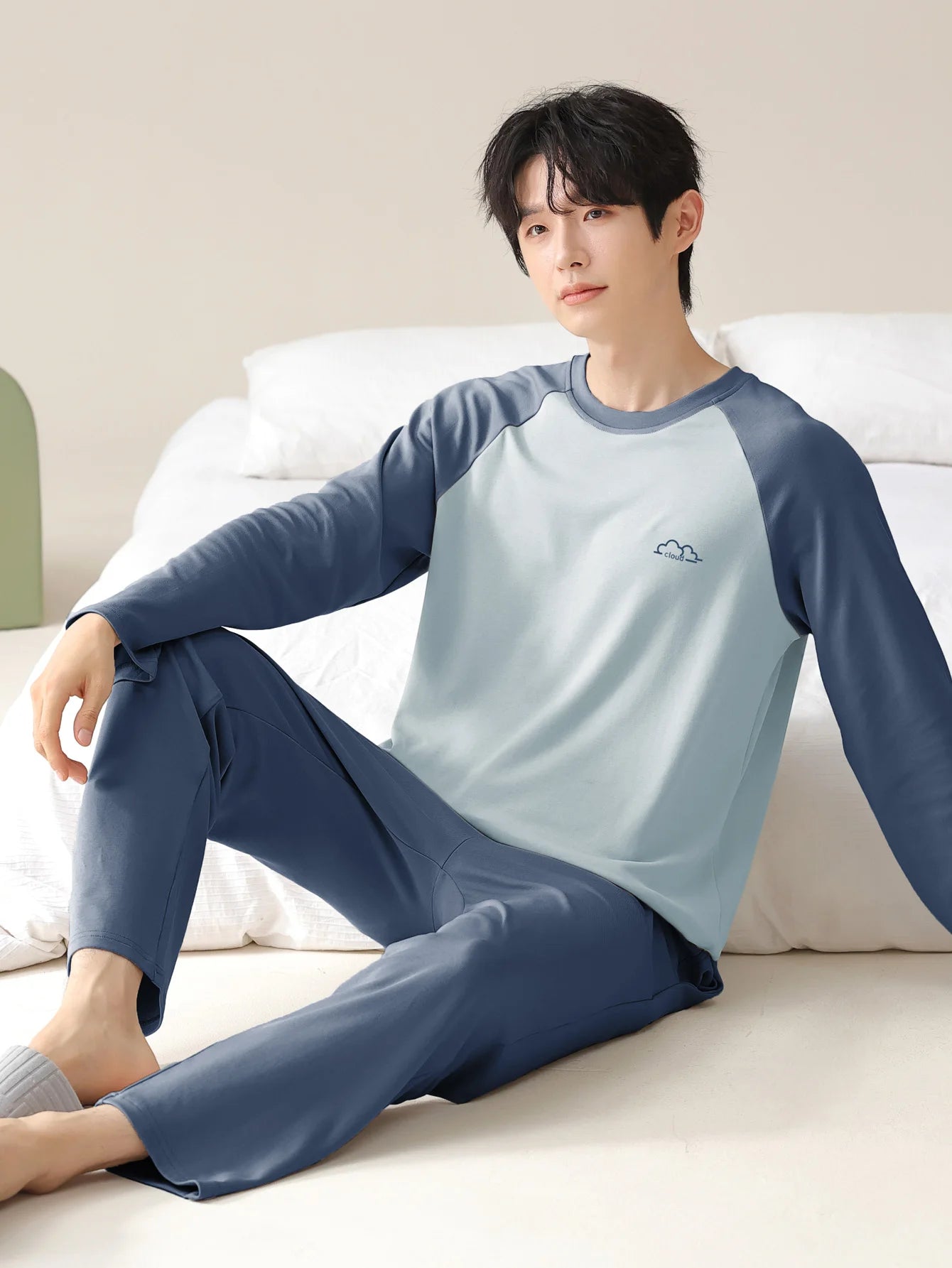 Men's 100% cotton long sleeved four season plus size men's sleepwear, teenage pure cotton home suit set for warmth