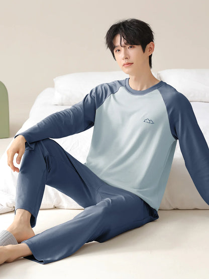 Men's 100% cotton long sleeved four season plus size men's sleepwear, teenage pure cotton home suit set for warmth
