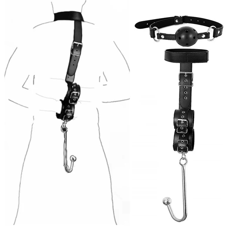 2 in 1 Leather Sex Bondage Set BDSM Anal Hook with Ball Gag Anal Trainer Role Play Butt Plug Fetish Slave Sex Toys for Woman Man