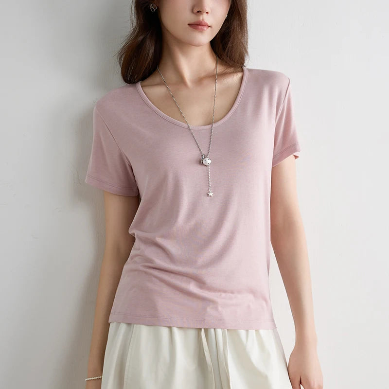 Women Lyocell T Shirt U Neck Short Sleeve Summer Slim Fit Basic Casual Top