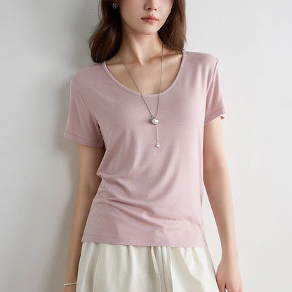 Women Lyocell T Shirt U Neck Short Sleeve Summer Slim Fit Basic Casual Top