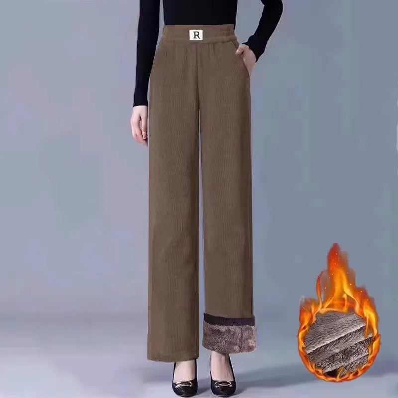 High Waist Fleece Lined Thick Wide Leg Casual Pants for Women Autumn Winter Straight Cut Versatile Comfortable Cotton Trousers