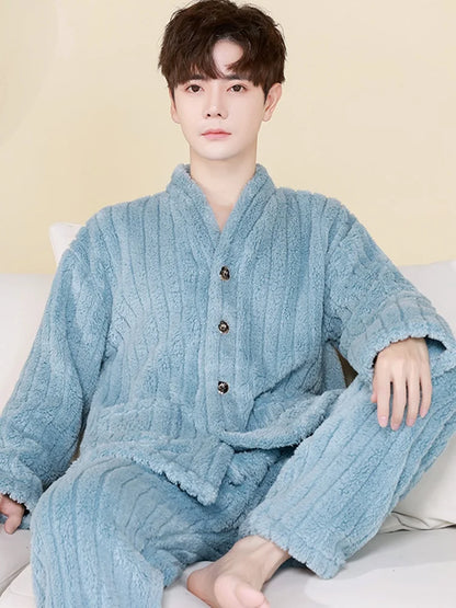 Thick Coral Fleece Sleepwear Men's Autumn Winter Casual Large Size Outdoor Wearable Flannel Home Clothes Set V-Neck Long Sleeve