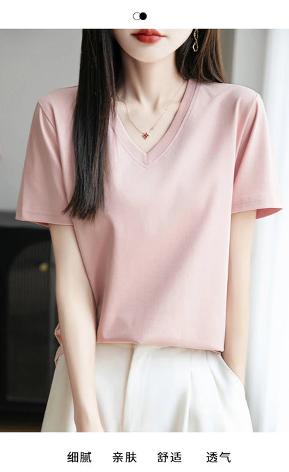 2026 Summer New Pure Cotton V-neck Short-sleeved T-shirt Women's Solid Color Joker Pullover Shirt with Loose Sleeve Bottom Shirt