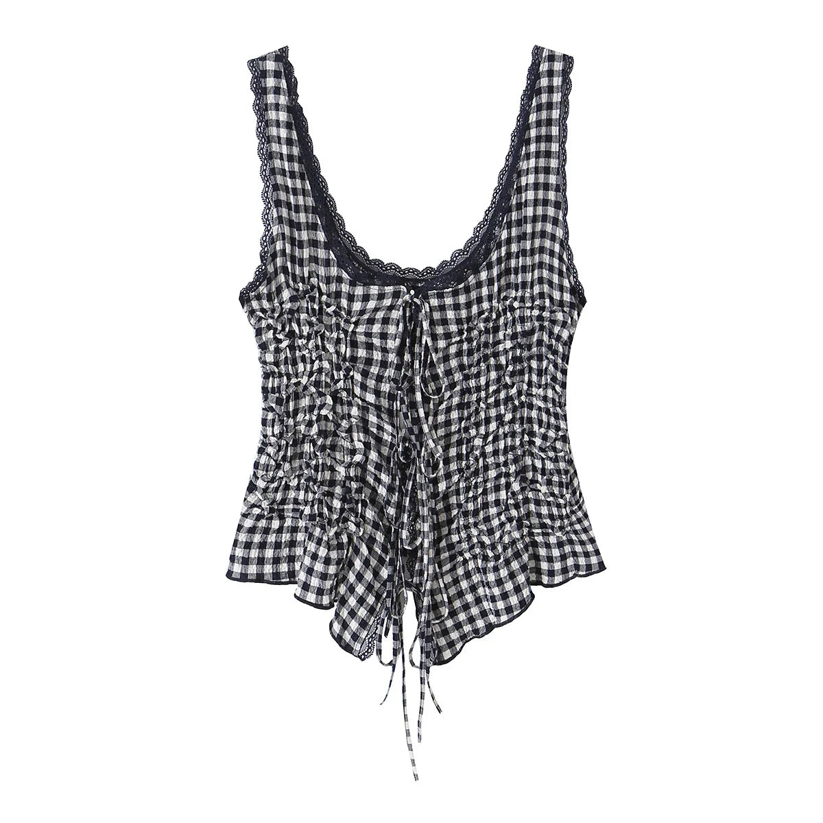 DUOPERI Women Y2K Fashion Solid Pleated Lace Up Slim Fitting Camisole Straps V-Neck Female Chic Lady Casual Tank Tops