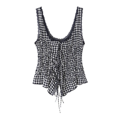 DUOPERI Women Y2K Fashion Solid Pleated Lace Up Slim Fitting Camisole Straps V-Neck Female Chic Lady Casual Tank Tops