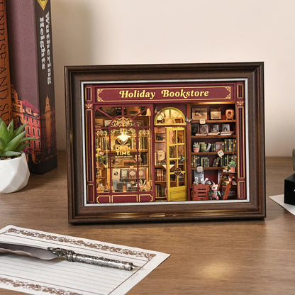 Book Nook Kit Holiday Bookstore DIY 3D Wooden Puzzle Dollhouse Photo frame ornament Model Bookend Building Home Decoration