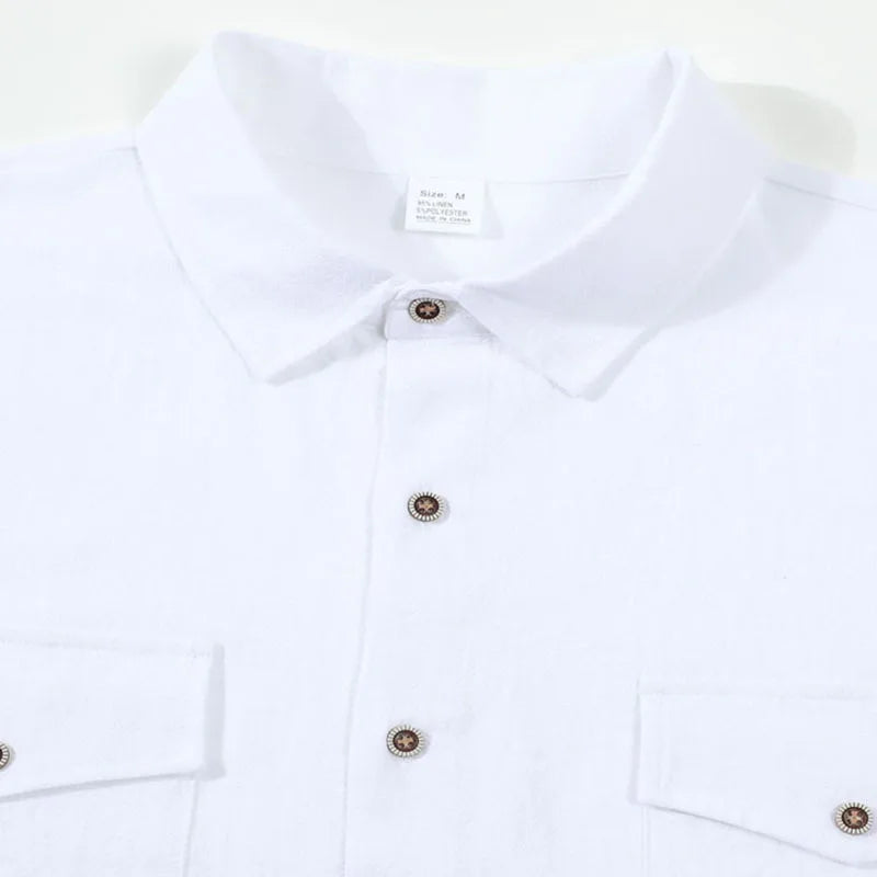 2026 New Men's Long Sleeve Casual Shirt Double Chest Pocket Button Up Soft Loose Linen Comfy Daily Work Street Outdoor Wear Tops