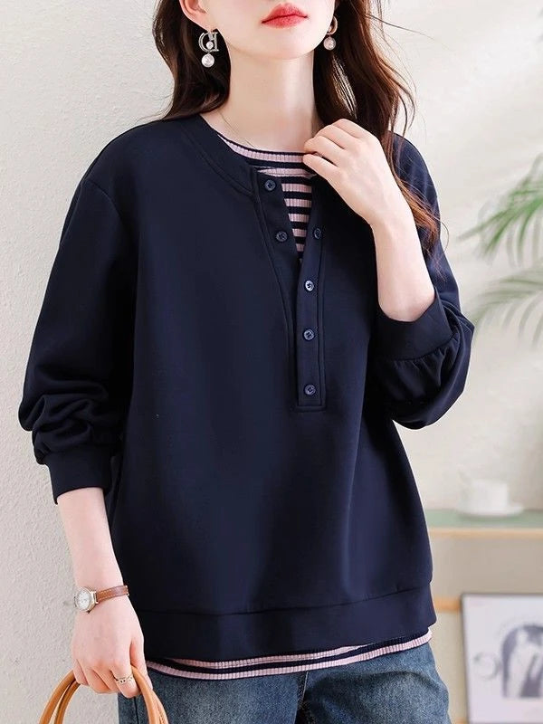 plus Size Fashionable Striped Mock Two-Piece Sweatshirt Casual Loose Women's Autumn Top round Neck Long Sleeve Commute Style