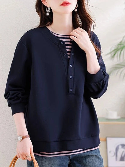 plus Size Fashionable Striped Mock Two-Piece Sweatshirt Casual Loose Women's Autumn Top round Neck Long Sleeve Commute Style