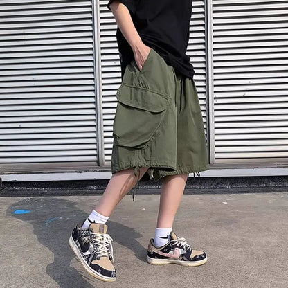 Man Casual Cropped Pants 2026 Summer Men's American Vintage Cargo Shorts Big Pockets Drawstring High Street Loose Wide Leg Pants