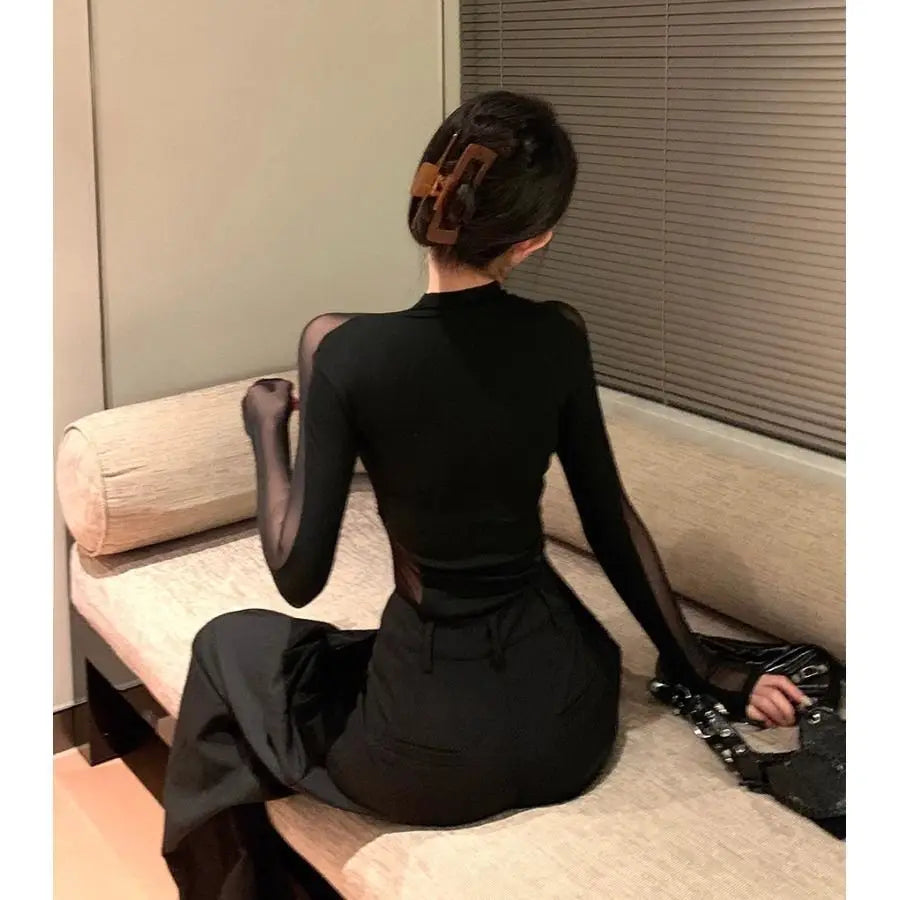 Long Sleeve T-Shirt Women Sexy High Collar Mesh Splice Design Slim Fit Fashionable Breathable Base Layer See through Top