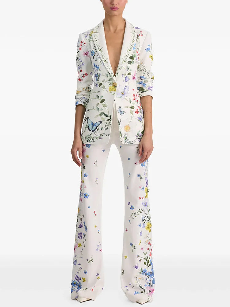 HIGH STREET Newest 2026 Designer Runway Suit Set Women's Brilliant Digital Printed Jacket Flare Pants Suit 2pcs