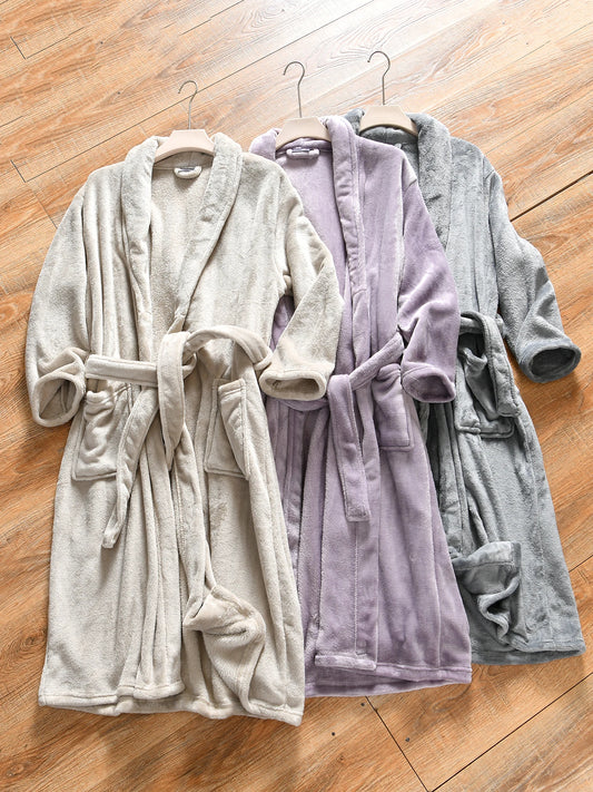 Thickened Flannel Long Pajamas Robe for Men And Women Home Wear Autumn Winter Warm Polyester Fiber Pure Color Couple's Bathrobe