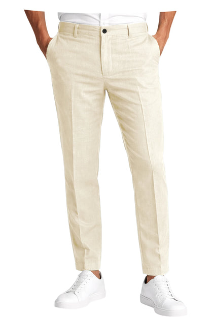 Men's Linen Cropped Pants Slim Fit 9 Points Ankle Dress Pants Business Casual High Waist Suit Trousers Breathable Office Summer