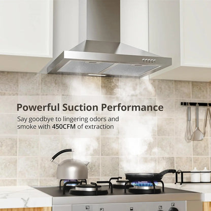 Range Hood 24 inch Wall Mount Type with Ducted/Ductless Convertible, 450 CFM Stainless Steel Chimney-Style Kitchen Hood, Over
