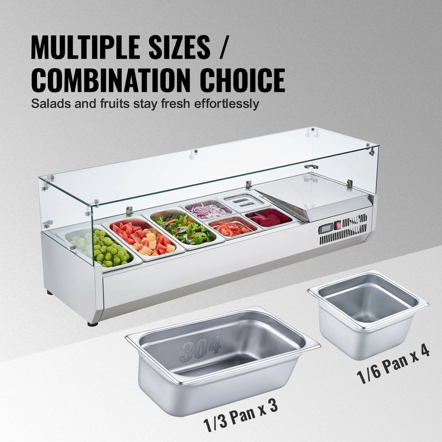 SucceBuy Refrigerated Condiment Prep Station with 3 1/3 Pans & 4 1/6 Pans 304 Stainless Body and PC Lid with Glass Guard ETL