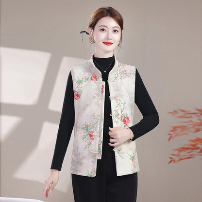Plus Size Mother's Vest Spring Asian style print Top Elderly Women's Casual Sleeveless Jacket  Waistcoat