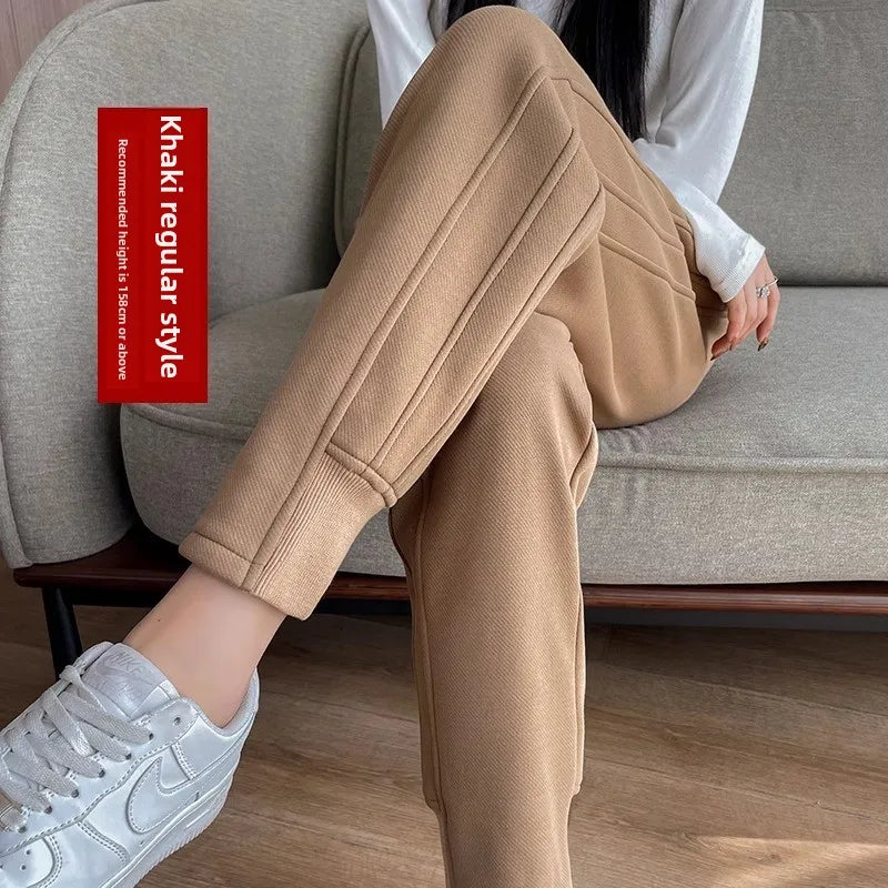 Women's Fleece Lined Harlan Pants Casual Loose Trousers Autumn Winter High Waist Long Pants Commute Style Korean Fashion