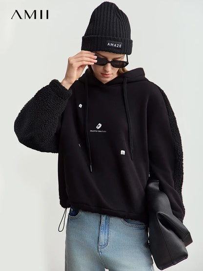 Amii Drawstring Hooded Splicing Imitation Lamb Wool Sweatshirt Embroidered 2024 Winter Women's Loose Thermal Tops 12444131