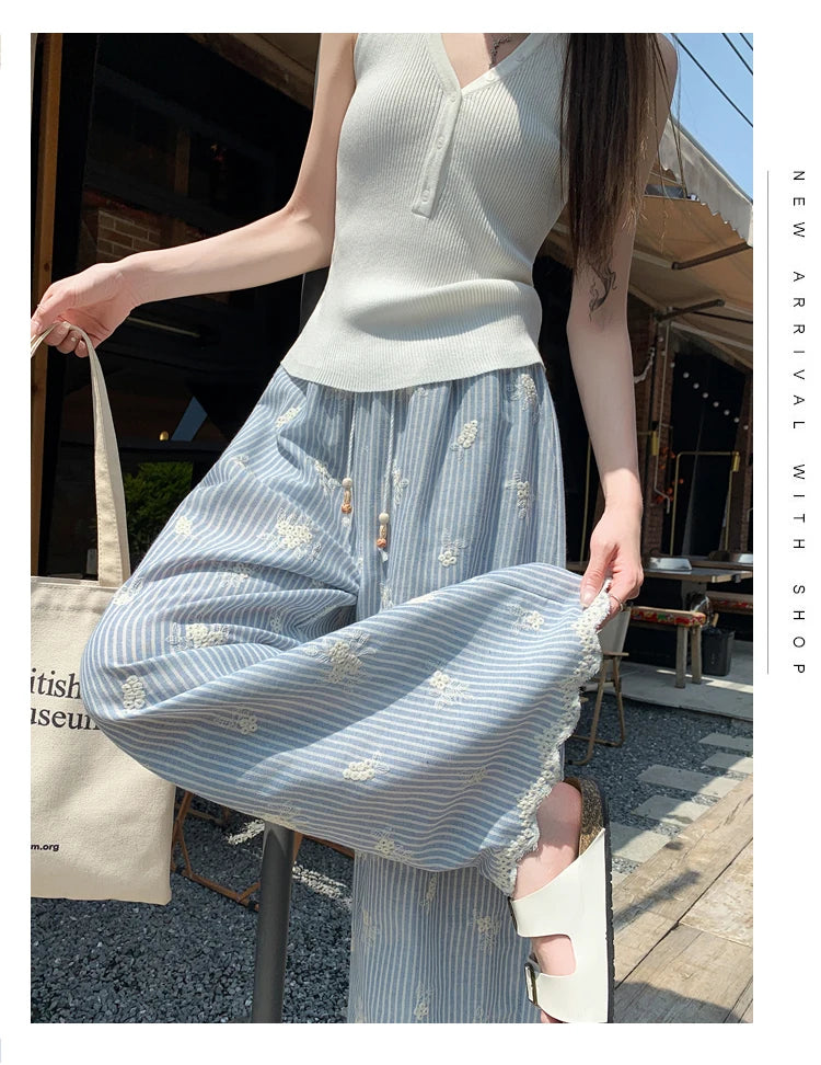 Vintage Blue Striped Embroidered Wide-leg Pants Women's Summer 2026 High-waisted Lace Stitching Casual Straight Trousers Popular