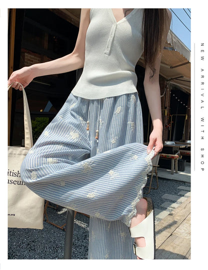 Vintage Blue Striped Embroidered Wide-leg Pants Women's Summer 2026 High-waisted Lace Stitching Casual Straight Trousers Popular