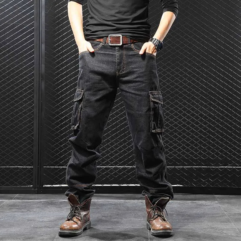 Mcikkny Fashion Men's Cargo Jean Pants With Multi-pockets Loose Style Motorcycle Denim Trousers For Male Washed Size 29-44