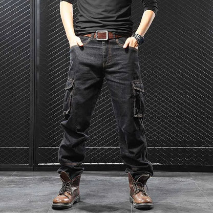 Mcikkny Fashion Men's Cargo Jean Pants With Multi-pockets Loose Style Motorcycle Denim Trousers For Male Washed Size 29-44