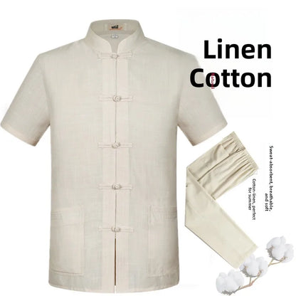 Spring Summer Large Size Linen Cotton Men's Tang Suit Ethnic Style Hanfu Set Home Wear Comfortable Loose Fit Traditional Chin...