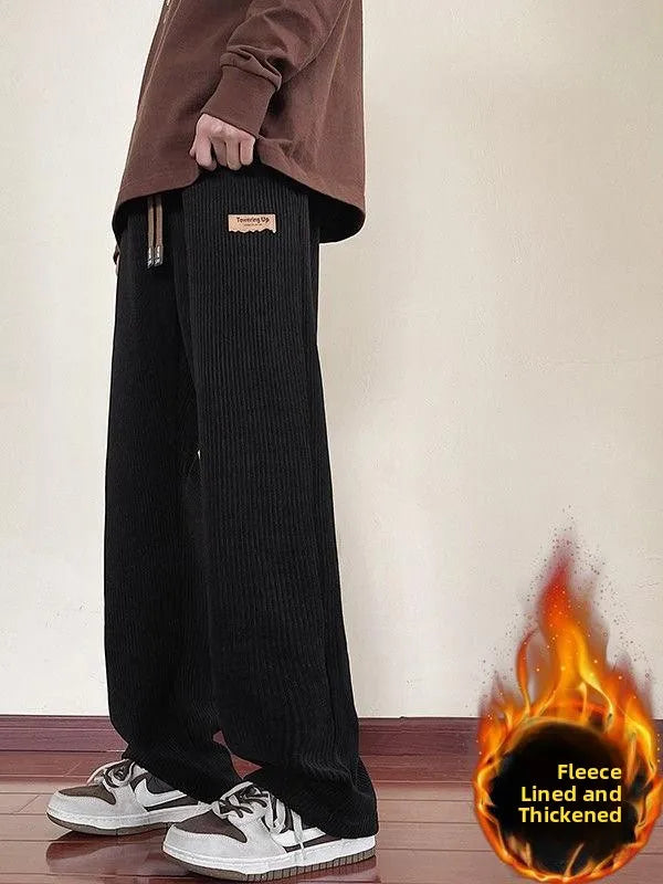 Men's Winter Thickened Fleece Lined Corduroy Wide Leg Sporty Casual Pants Loose Fit Straight Leg Long Trousers Fashionable Yo...