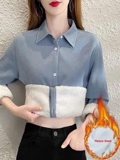 Women's Collared Fleece Lined Thickened Fashionable Shirt Korean Style Commute Wind Loose Fit Long Sleeve Warm Autumn Shirt