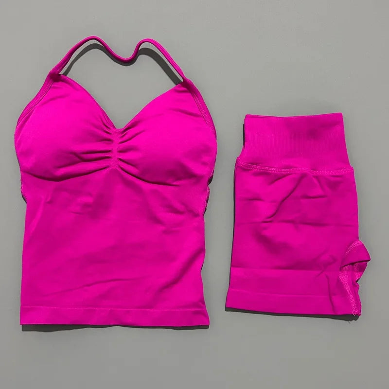 HISTELLO 2 Pieces Sports Set Women Yoga Longline Strap Top Scrunch Seamless Shorts Sport Gym Set Sportswear Workout Fitness Set