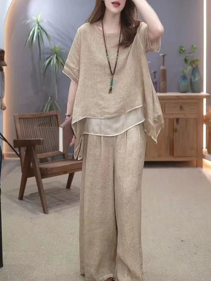 Retro Cotton Linen Set Women's Summer 2026 New Ethnic Style Loose Slimming Belly Covering Two-Piece Set Fashionable Casual Wear