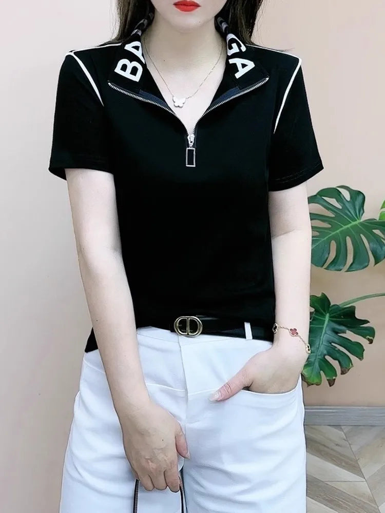 Slimming Short Sleeve Zipper T-Shirt Women's Korean Style Commute Fashion Mid-Year Mom Ladies Shirt Stand Collar Half Zipper